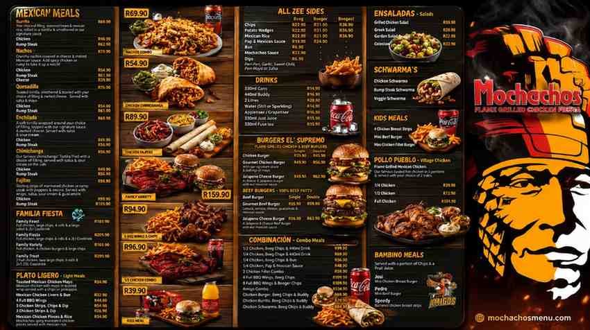 Mochachos menu with Mexican meals, burgers, sides and prices in South Africa